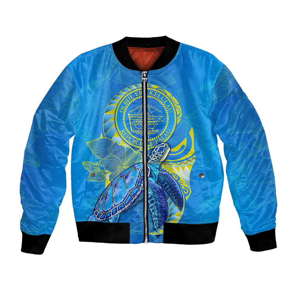 (Custom Personalised) Palau Bomber Jacket Hibiscus Turtle Mix Coat Of Arms Blue Version