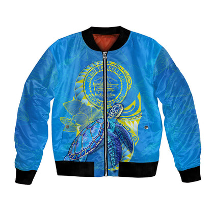 (Custom Personalised) Palau Bomber Jacket Hibiscus Turtle Mix Coat Of Arms Blue Version