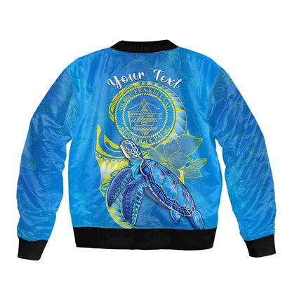 (Custom Personalised) Palau Bomber Jacket Hibiscus Turtle Mix Coat Of Arms Blue Version