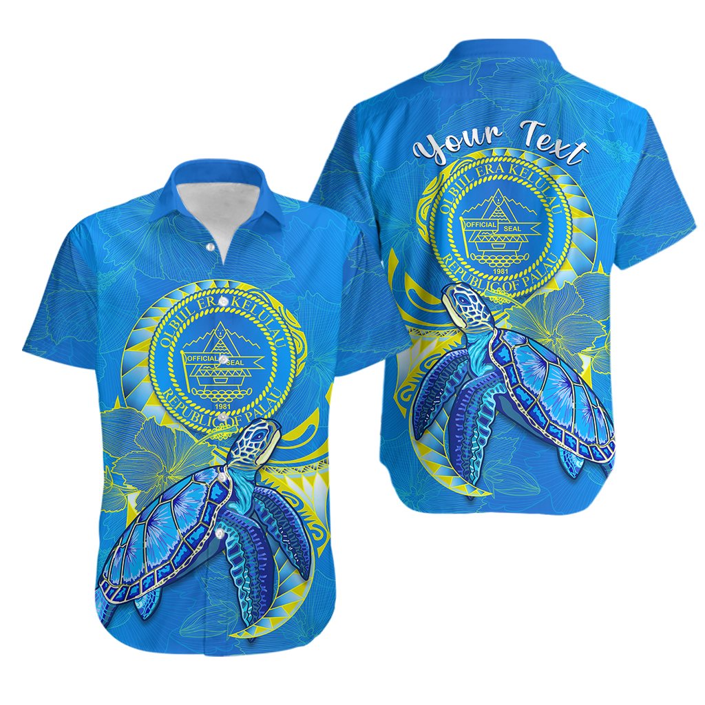 Custom Personalised Palau Hawaiian Shirt Hibiscus Turtle Mix Coat Of Arms Blue Version