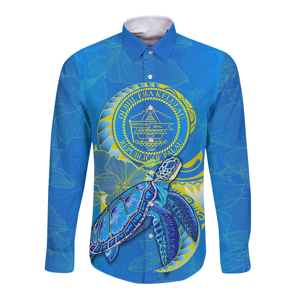 (Custom Personalised) Palau Long Sleeve Button Shirt Hibiscus Turtle Mix Coat Of Arms Blue Version