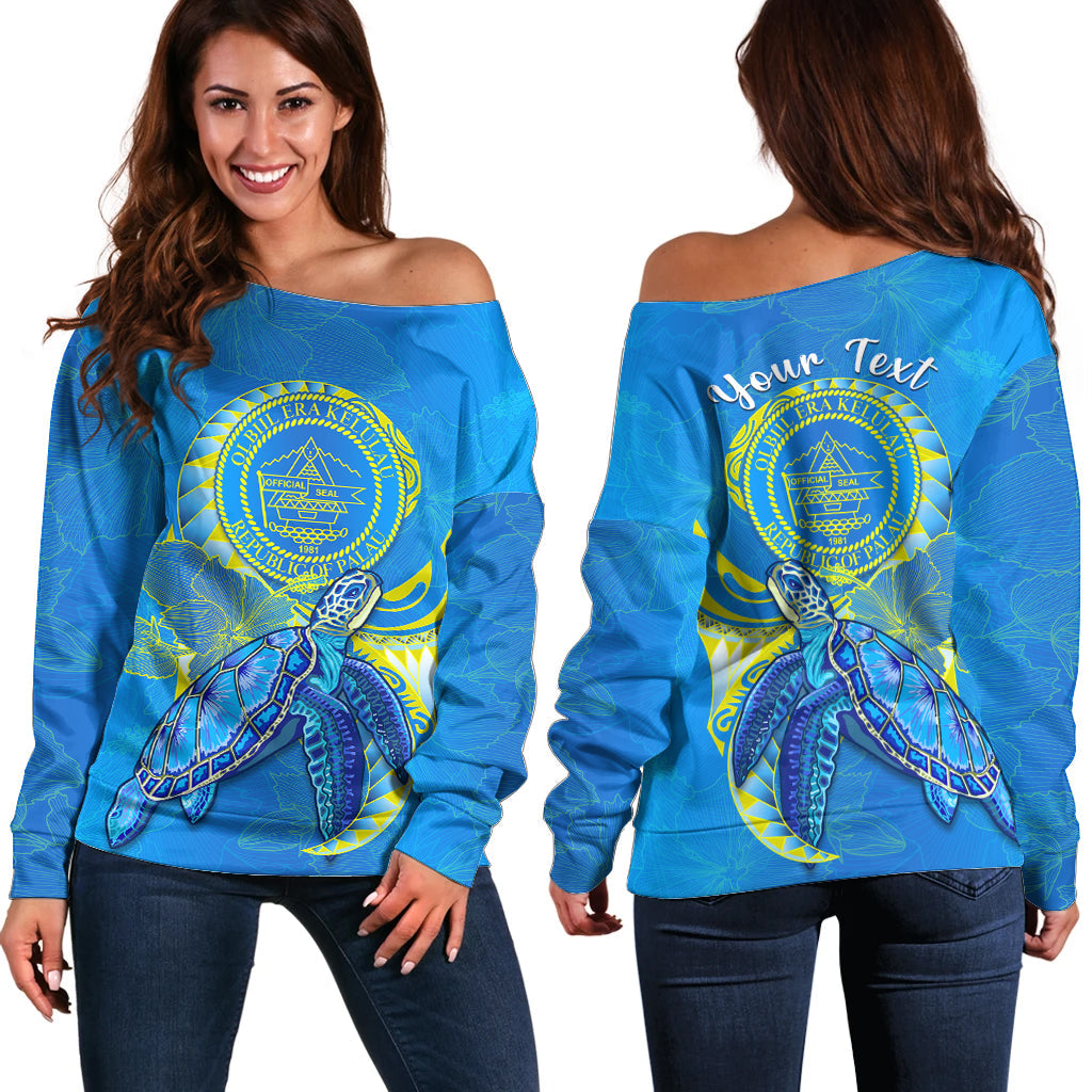 (Custom Personalised) Palau Off Shoulder Sweater Hibiscus Turtle Mix Coat Of Arms Blue Version