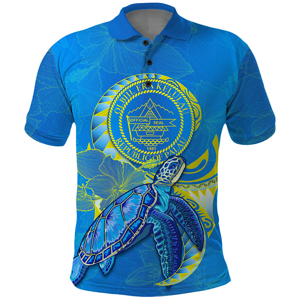 Custom Personalised Palau Polo Shirt Hibiscus Turtle Mix Coat Of Arms Blue Version