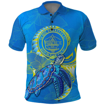 Custom Personalised Palau Polo Shirt Hibiscus Turtle Mix Coat Of Arms Blue Version
