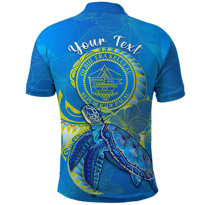 Custom Personalised Palau Polo Shirt Hibiscus Turtle Mix Coat Of Arms Blue Version