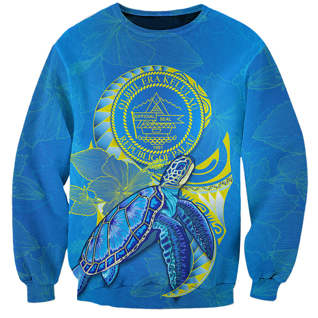 Custom Personalised Palau Sweatshirt Hibiscus Turtle Mix Coat Of Arms Blue Version