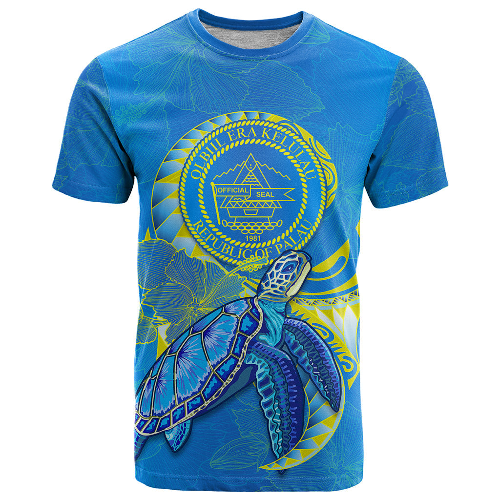 (Custom Personalised) Palau T Shirt Hibiscus Turtle Mix Coat Of Arms Blue Version