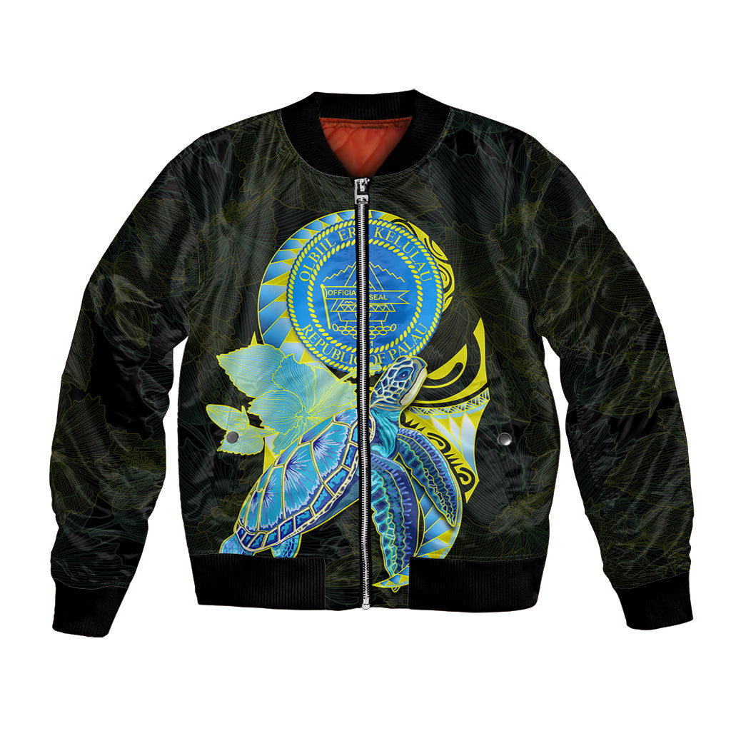 (Custom Personalised) Palau Bomber Jacket Hibiscus Turtle Mix Coat Of Arms Black Version