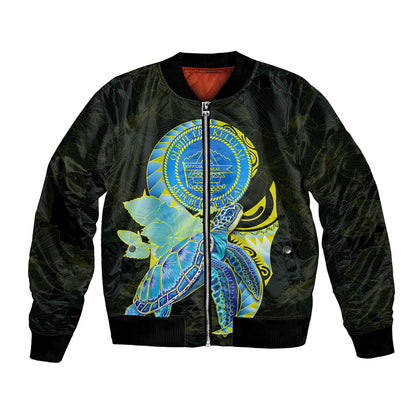 (Custom Personalised) Palau Bomber Jacket Hibiscus Turtle Mix Coat Of Arms Black Version