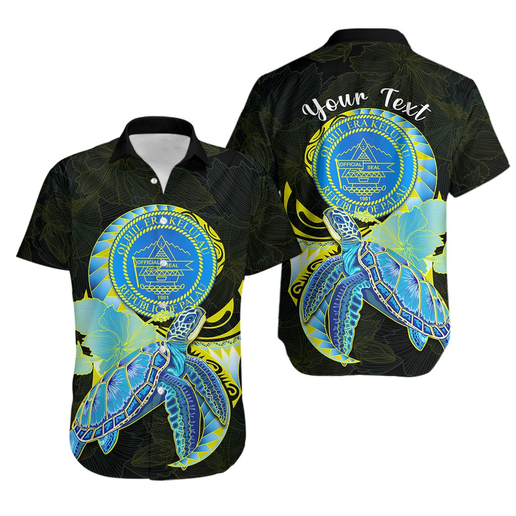 Custom Personalised Palau Hawaiian Shirt Hibiscus Turtle Mix Coat Of Arms Black Version