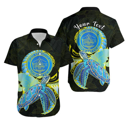 Custom Personalised Palau Hawaiian Shirt Hibiscus Turtle Mix Coat Of Arms Black Version
