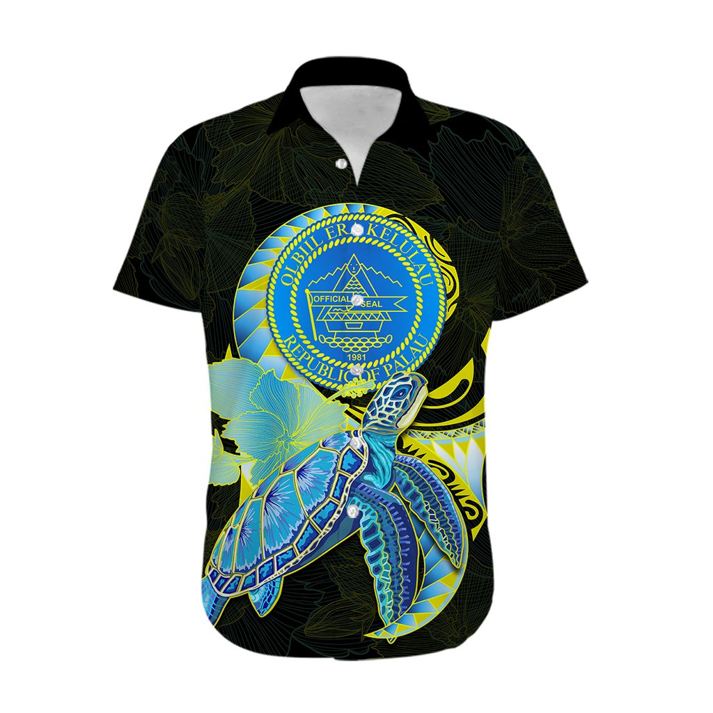 Custom Personalised Palau Hawaiian Shirt Hibiscus Turtle Mix Coat Of Arms Black Version