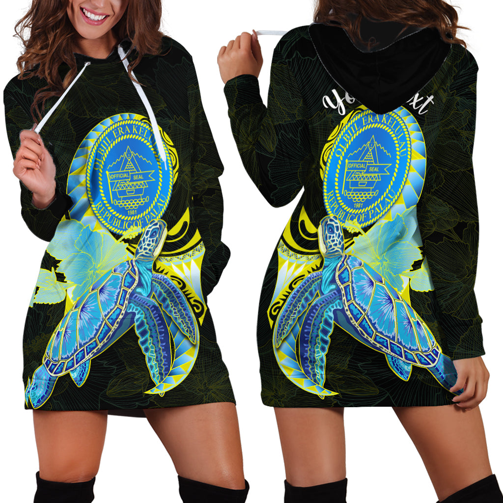 Custom Personalised Palau Hoodie Dress Hibiscus Turtle Mix Coat Of Arms Black Version