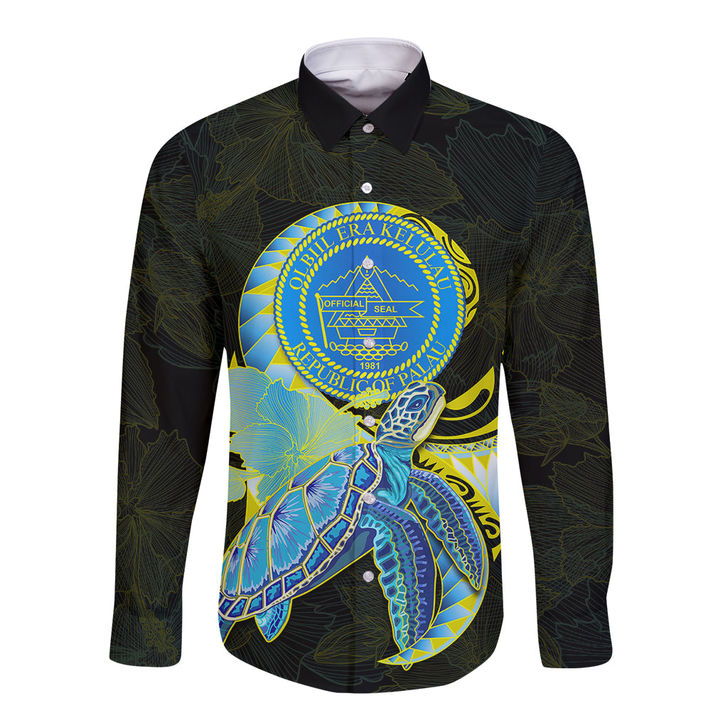(Custom Personalised) Palau Long Sleeve Button Shirt Hibiscus Turtle Mix Coat Of Arms Black Version
