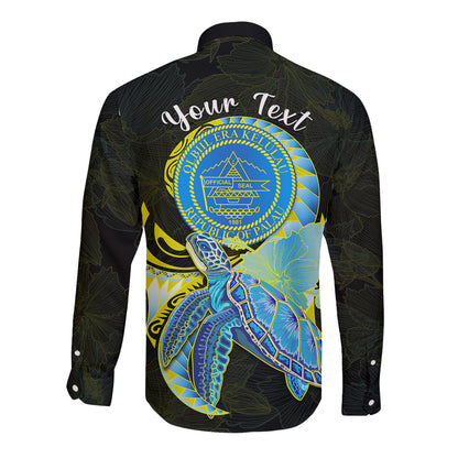 (Custom Personalised) Palau Long Sleeve Button Shirt Hibiscus Turtle Mix Coat Of Arms Black Version