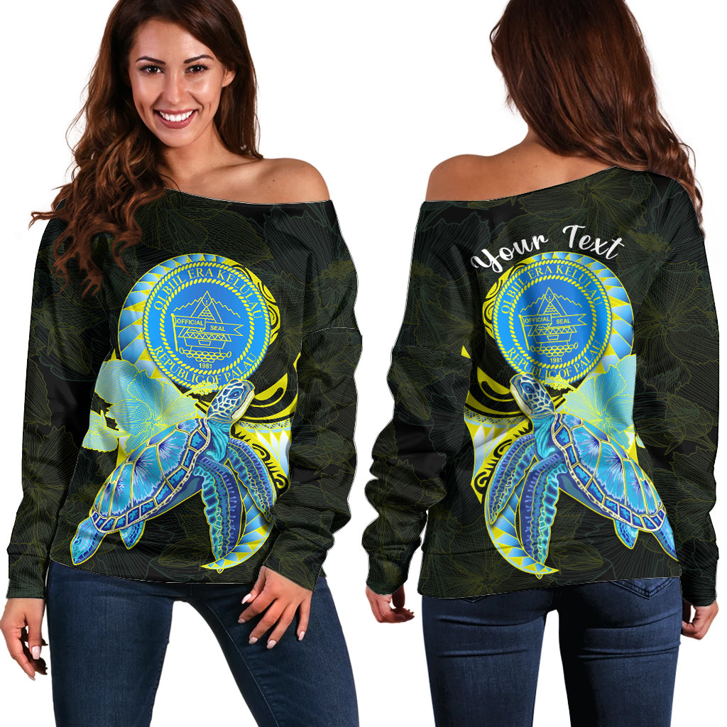 (Custom Personalised) Palau Off Shoulder Sweater Hibiscus Turtle Mix Coat Of Arms Black Version