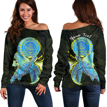 (Custom Personalised) Palau Off Shoulder Sweater Hibiscus Turtle Mix Coat Of Arms Black Version