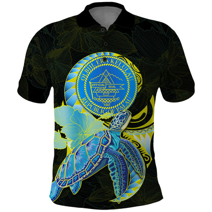 Custom Personalised Palau Polo Shirt Hibiscus Turtle Mix Coat Of Arms Black Version