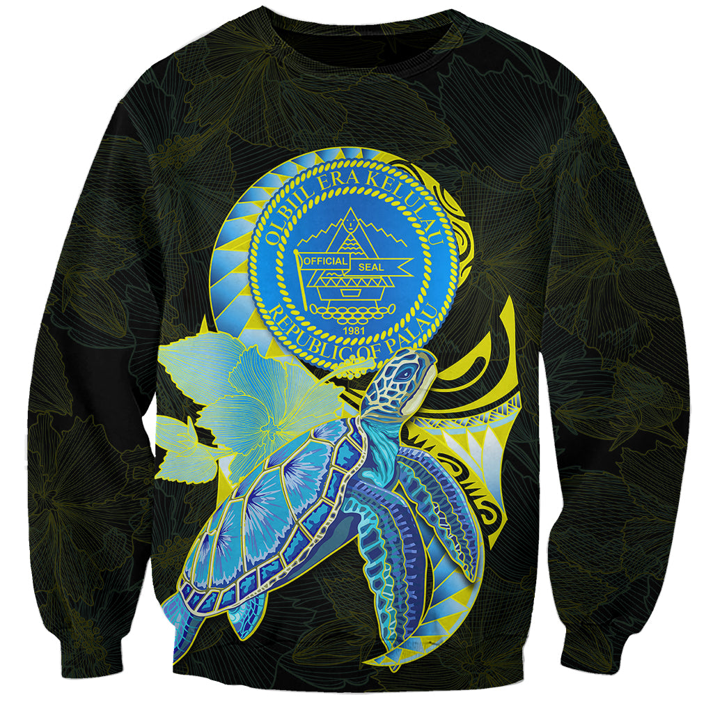 Custom Personalised Palau Sweatshirt Hibiscus Turtle Mix Coat Of Arms Black Version