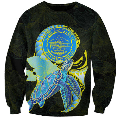 Custom Personalised Palau Sweatshirt Hibiscus Turtle Mix Coat Of Arms Black Version