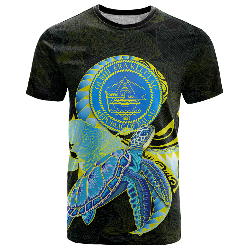 (Custom Personalised) Palau T Shirt Hibiscus Turtle Mix Coat Of Arms Black Version