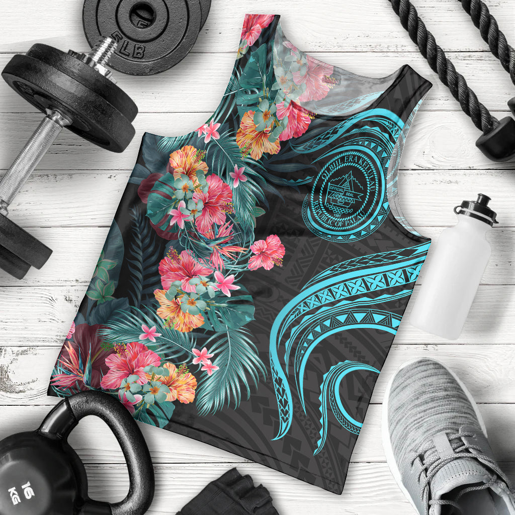 Palau Men Tank Top Tropical Flowers With Polynesian Pattern