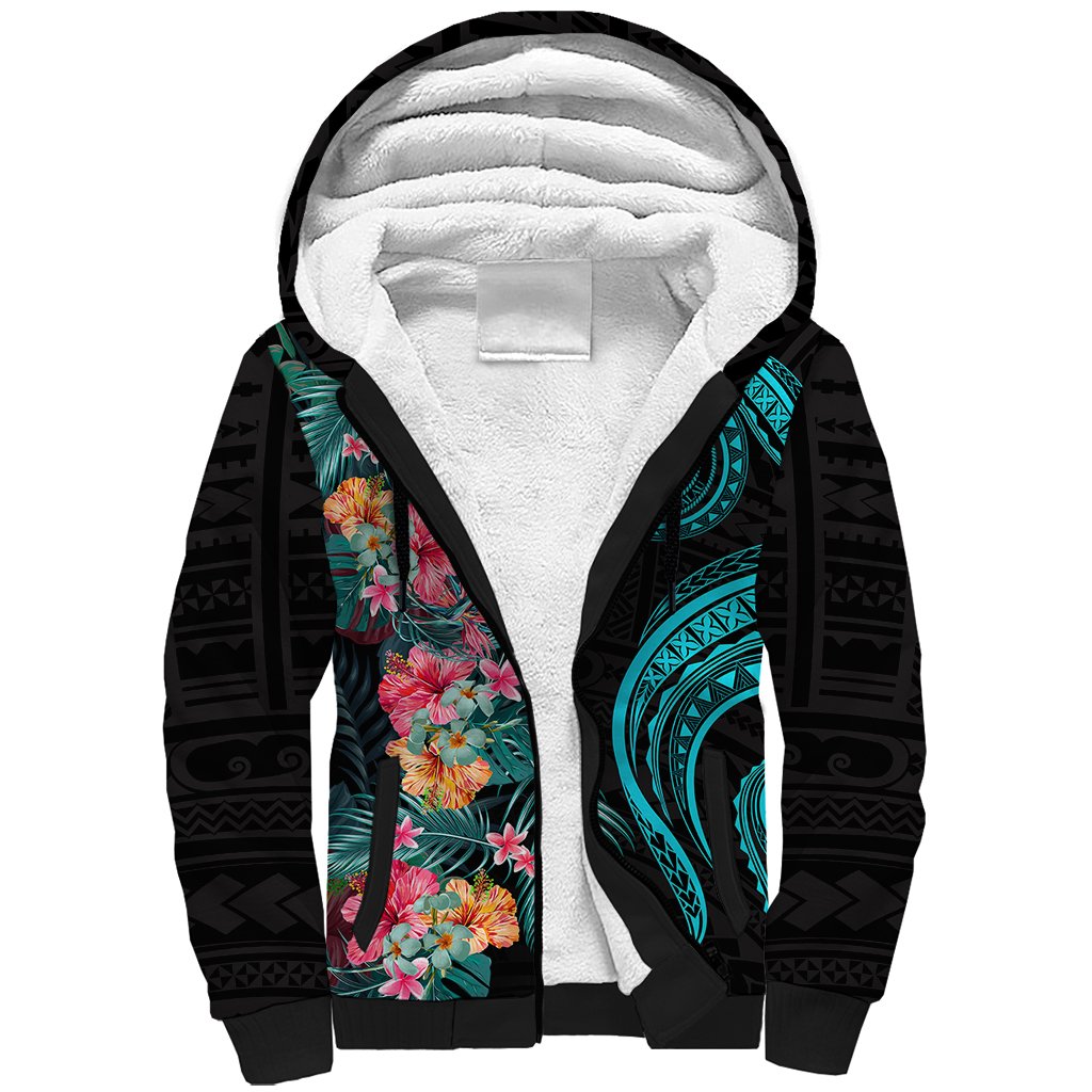 Palau Sherpa Hoodie Tropical Flowers With Polynesian Pattern