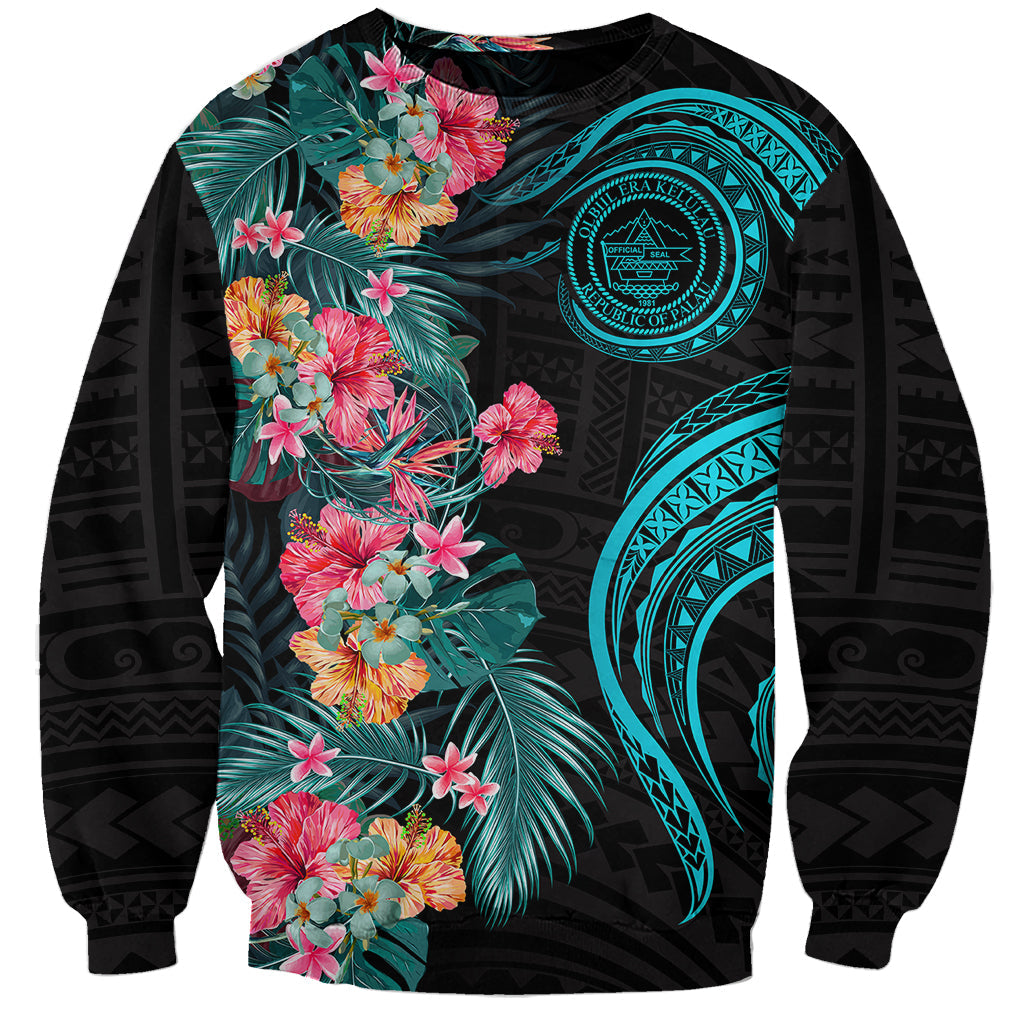 Palau Sweatshirt Tropical Flowers With Polynesian Pattern