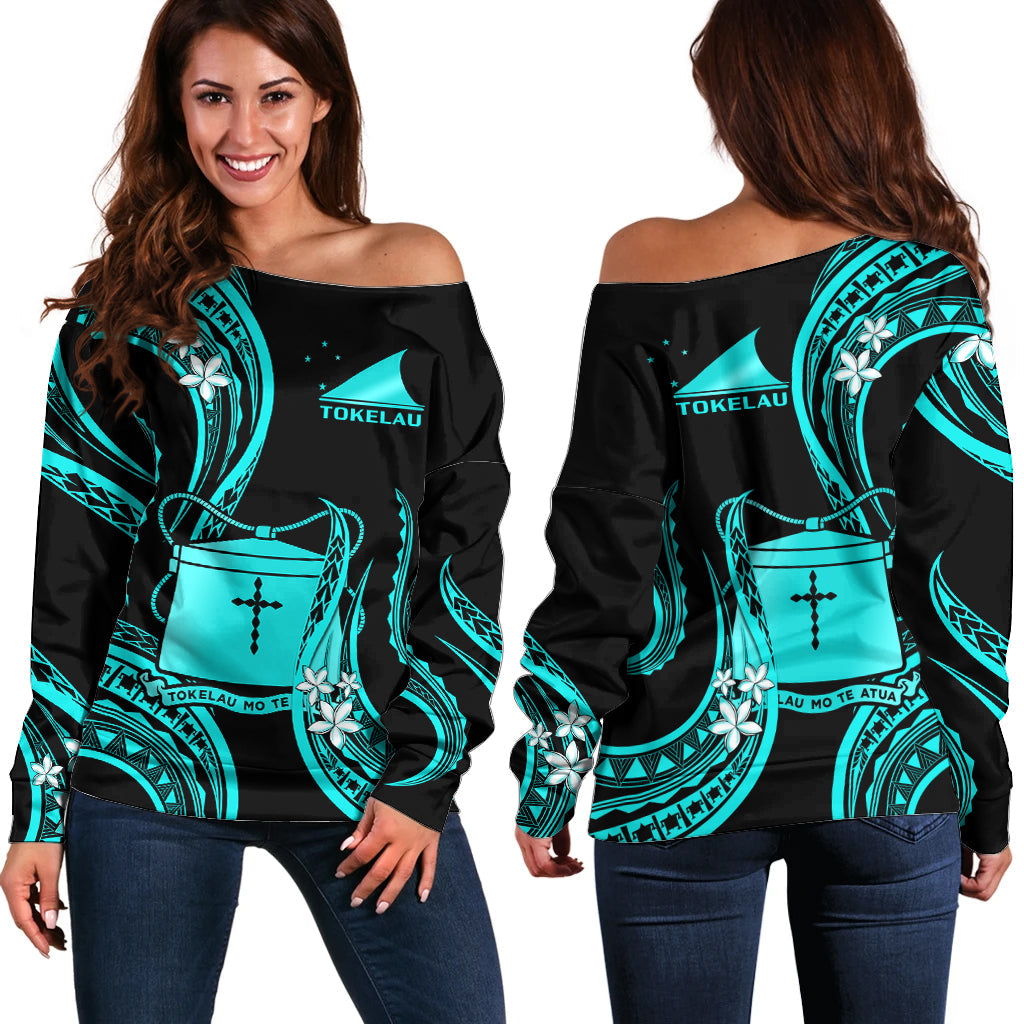 Tokelau Off Shoulder Sweater Tokelauan Tatau With Badge Light Turquoise