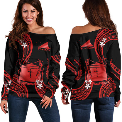Tokelau Off Shoulder Sweater Tokelauan Tatau With Badge Red