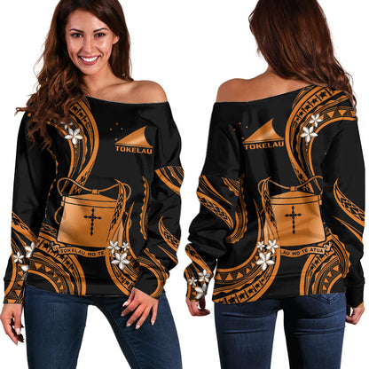 Tokelau Off Shoulder Sweater Tokelauan Tatau With Badge Gold