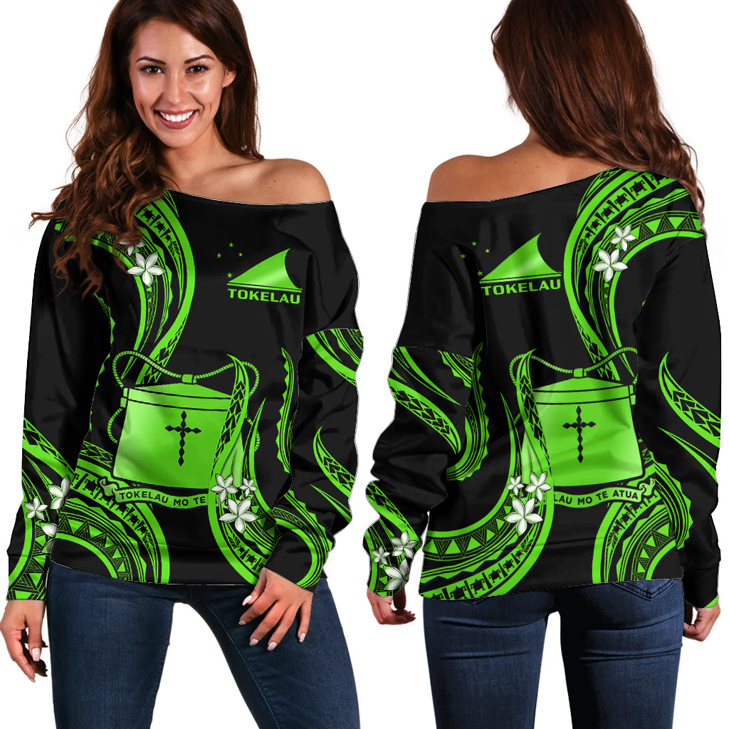 Tokelau Off Shoulder Sweater Tokelauan Tatau With Badge Green