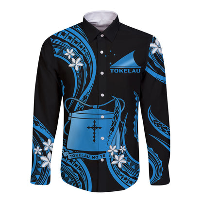 Tokelau Long Sleeve Button Shirt Tokelauan Tatau With Badge Blue