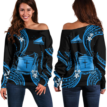 Tokelau Off Shoulder Sweater Tokelauan Tatau With Badge Blue