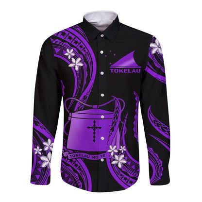 Tokelau Long Sleeve Button Shirt Tokelauan Tatau With Badge Purple