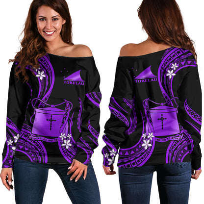 Tokelau Off Shoulder Sweater Tokelauan Tatau With Badge Purple
