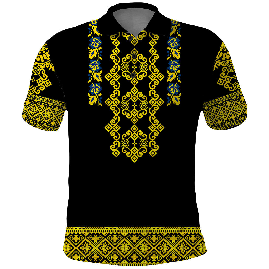 Personalised Ukraine Polo Shirt Black Ukrainian Folk Pattern