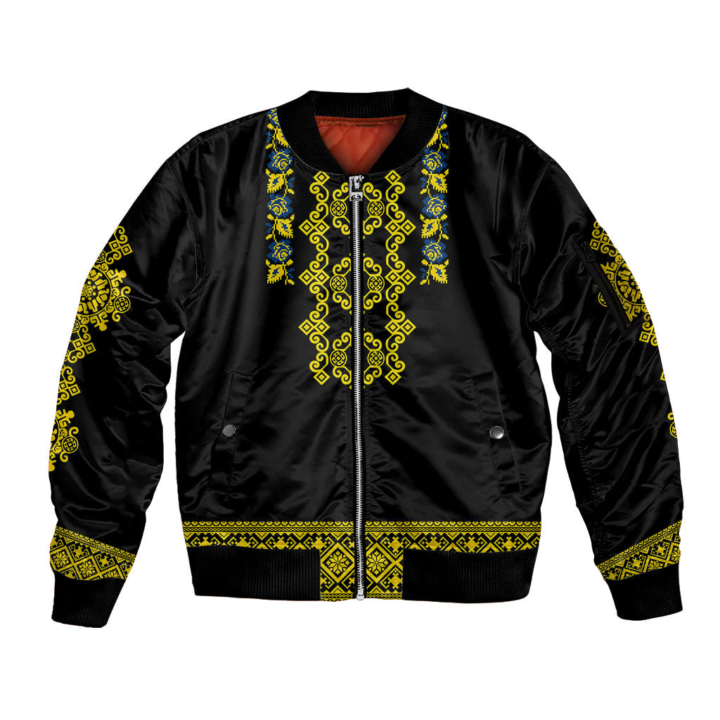 Personalised Ukraine Sleeve Zip Bomber Jacket Black Ukrainian Folk Pattern