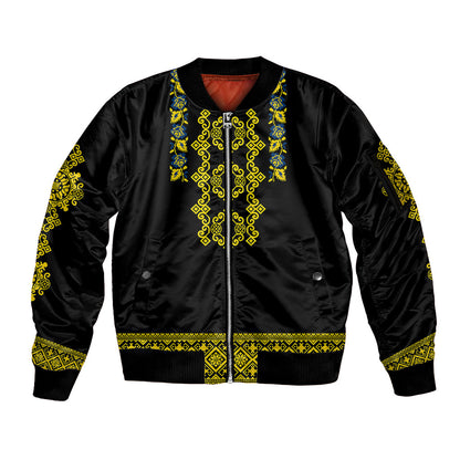 Personalised Ukraine Sleeve Zip Bomber Jacket Black Ukrainian Folk Pattern