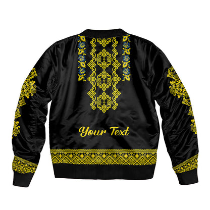 Personalised Ukraine Sleeve Zip Bomber Jacket Black Ukrainian Folk Pattern