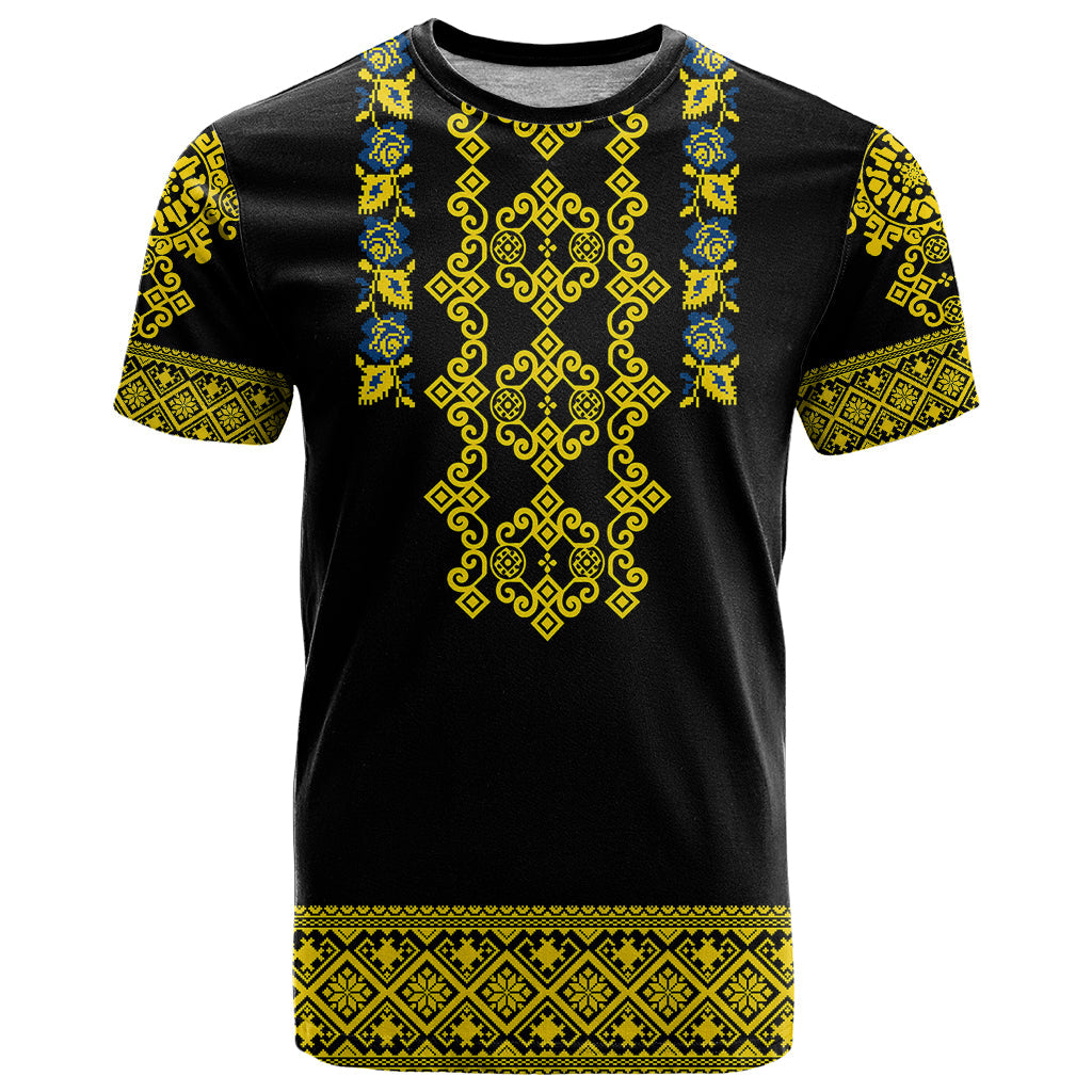 Personalised Ukraine T Shirt Black Ukrainian Folk Pattern