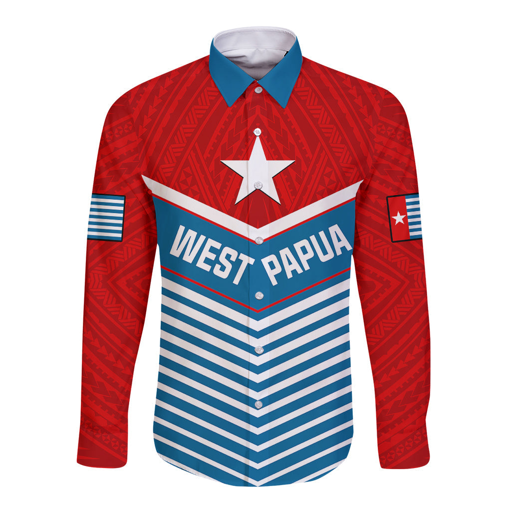 West Papua Long Sleeve Button Shirt Coat Of Arms And Morning Star Flag