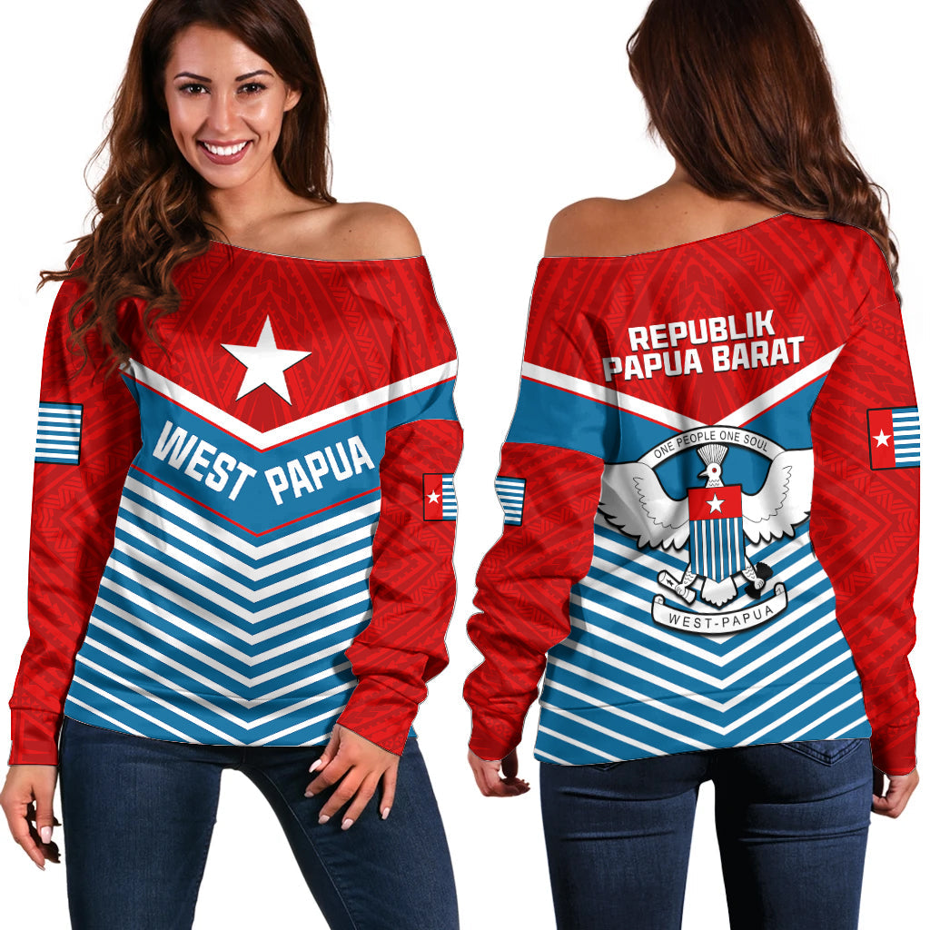 West Papua Off Shoulder Sweater Coat Of Arms And Morning Star Flag
