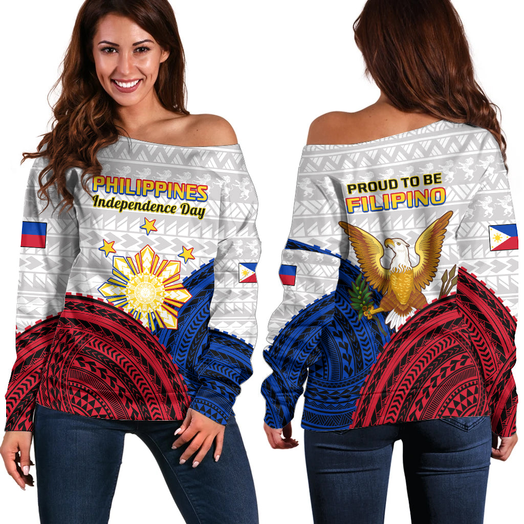 Philippines Independence Day Off Shoulder Sweater Proud To Be Filipino Polynesian Pattern