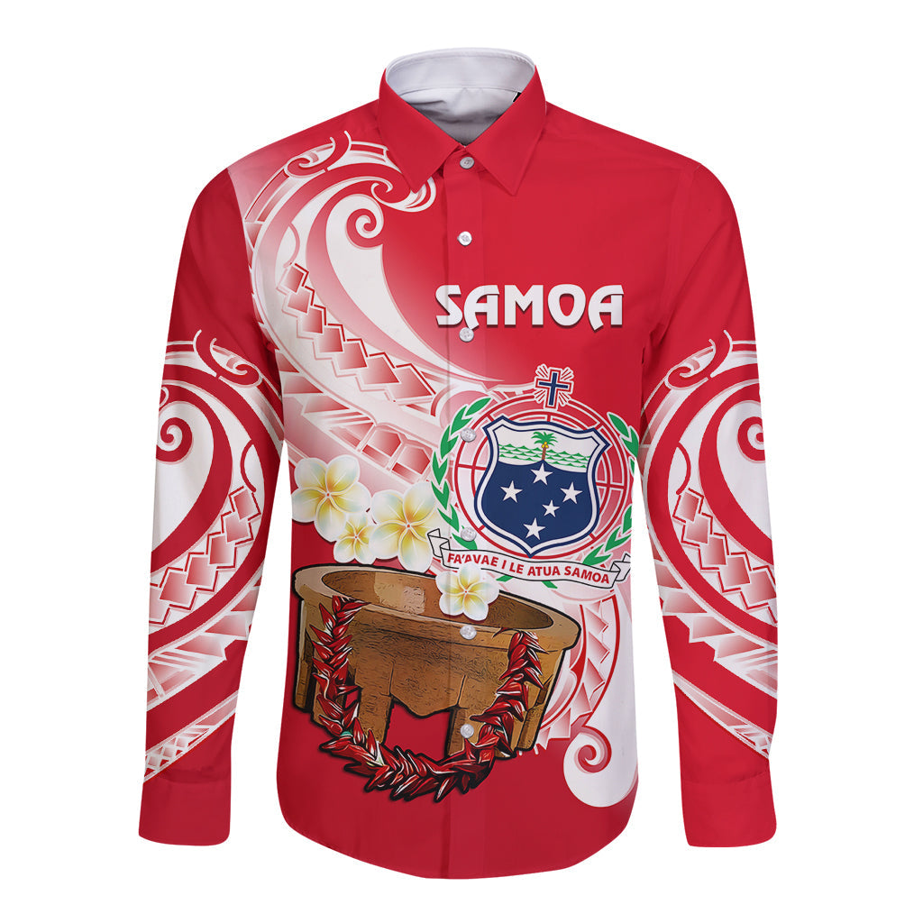 (Custom Personalised) Samoa Long Sleeve Button Shirt Ula Fala Kava Bowl Plumeria Polynesian Red