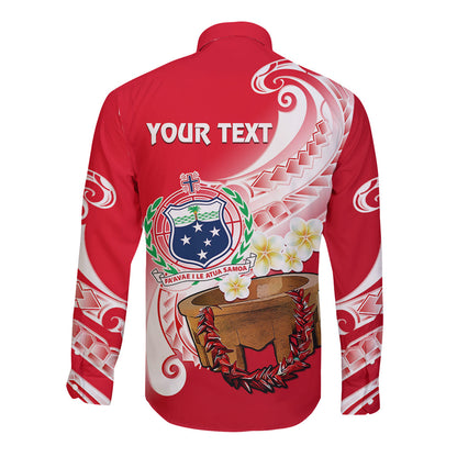 (Custom Personalised) Samoa Long Sleeve Button Shirt Ula Fala Kava Bowl Plumeria Polynesian Red