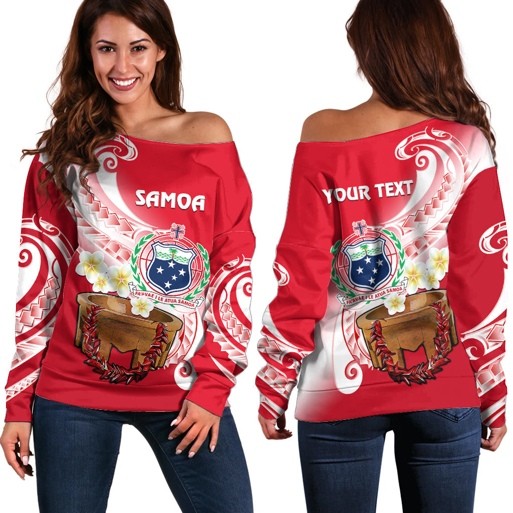 (Custom Personalised) Samoa Off Shoulder Sweater Ula Fala Kava Bowl Plumeria Polynesian Red