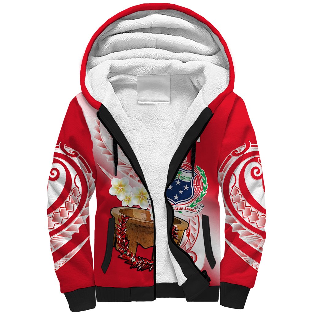 (Custom Personalised) Samoa Sherpa Hoodie Ula Fala Kava Bowl Plumeria Polynesian Red
