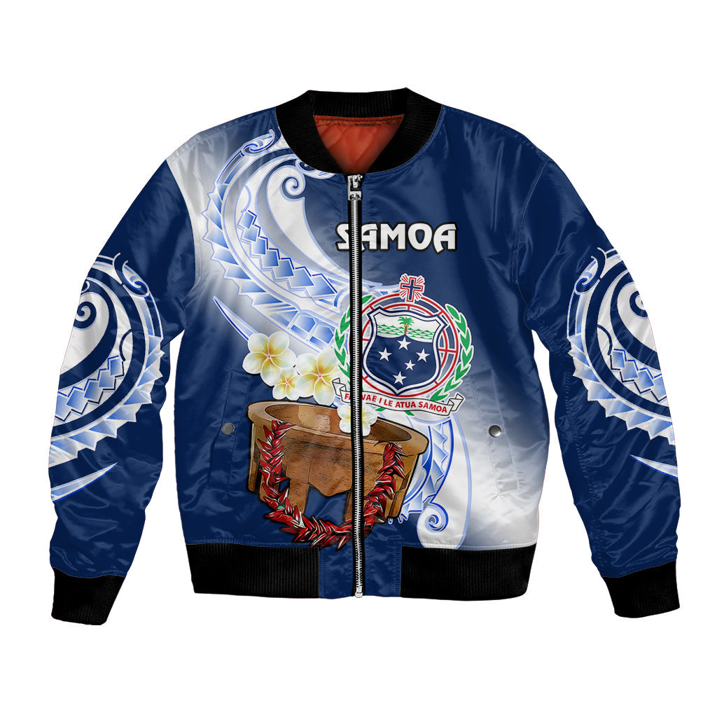 (Custom Personalised) Samoa Bomber Jacket Ula Fala Kava Bowl Plumeria Polynesian Blue