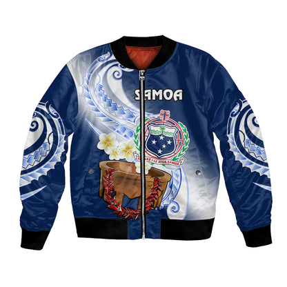 (Custom Personalised) Samoa Bomber Jacket Ula Fala Kava Bowl Plumeria Polynesian Blue